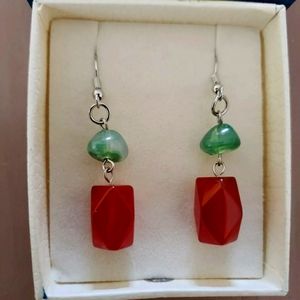 GLASS BEAD Dangle Pierced Earrings Jasper & Amber